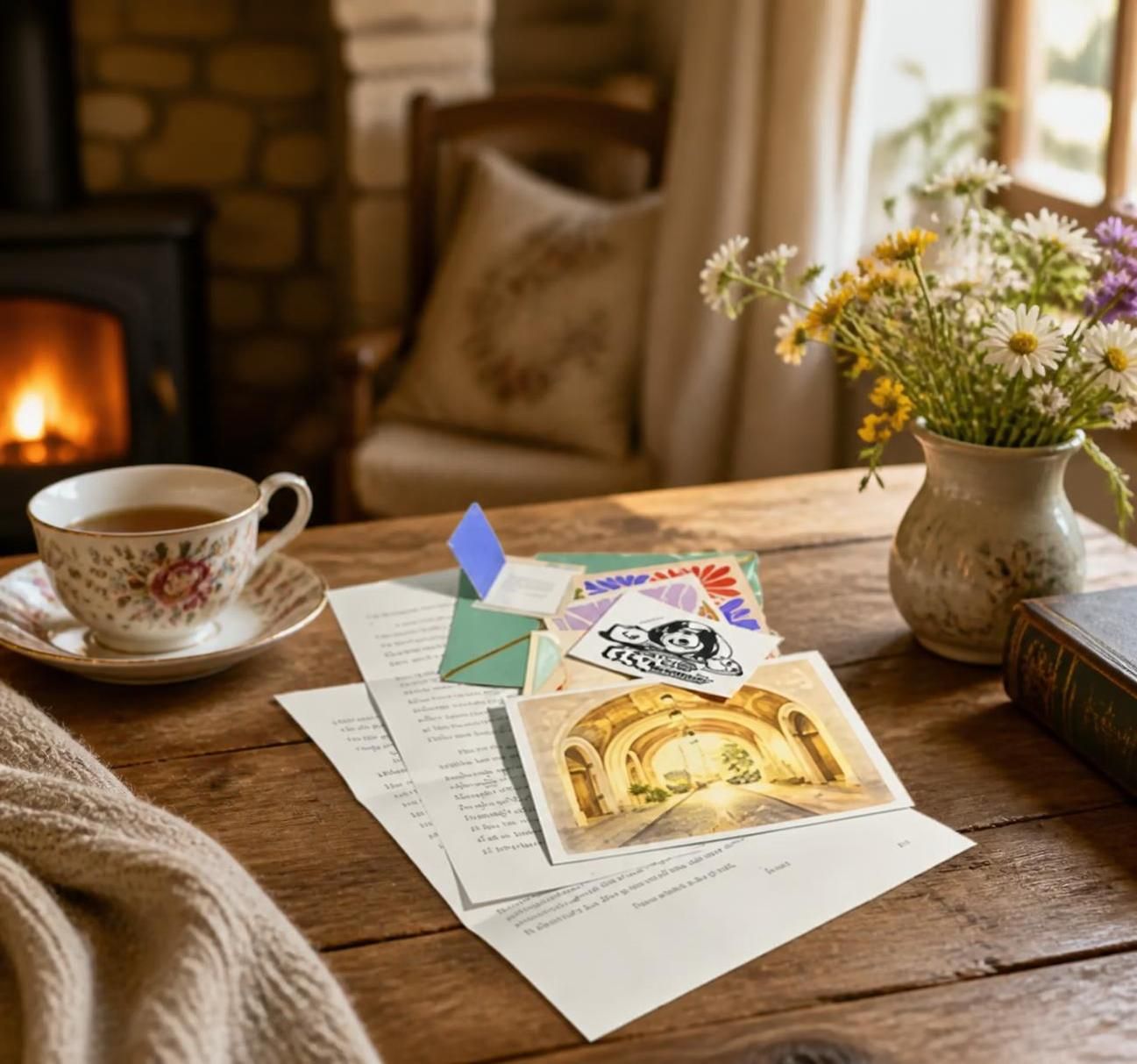 The letter, a green envelope, cards and an original print spread across a rustic wooden table, with a flowered teacup, a jug of daisies, an old book and a lit stove beyond.