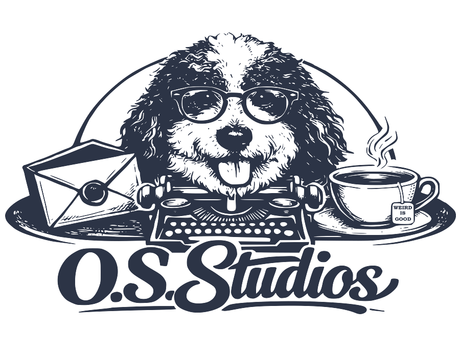 The O.S. Studios mark &mdash; a curly-haired dog in spectacles sitting at a typewriter, an envelope to one side and a steaming cup to the other, its tag reading &ldquo;weird is good&rdquo;.