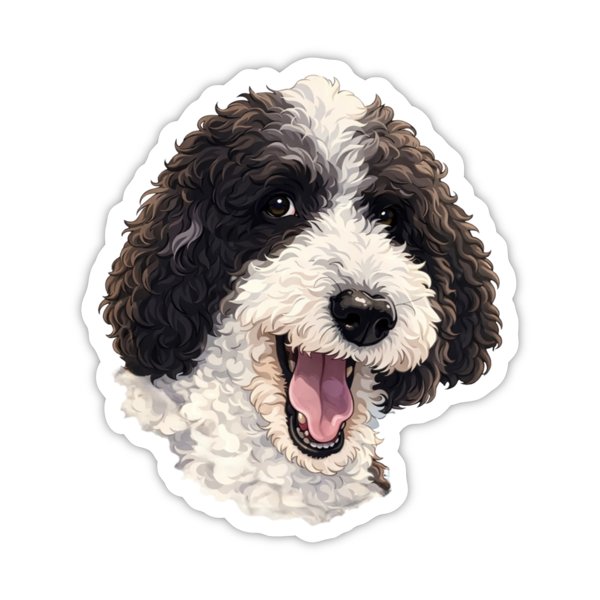 A die-cut sticker illustration of Otter&rsquo;s curly black and white face, grinning with his tongue out.