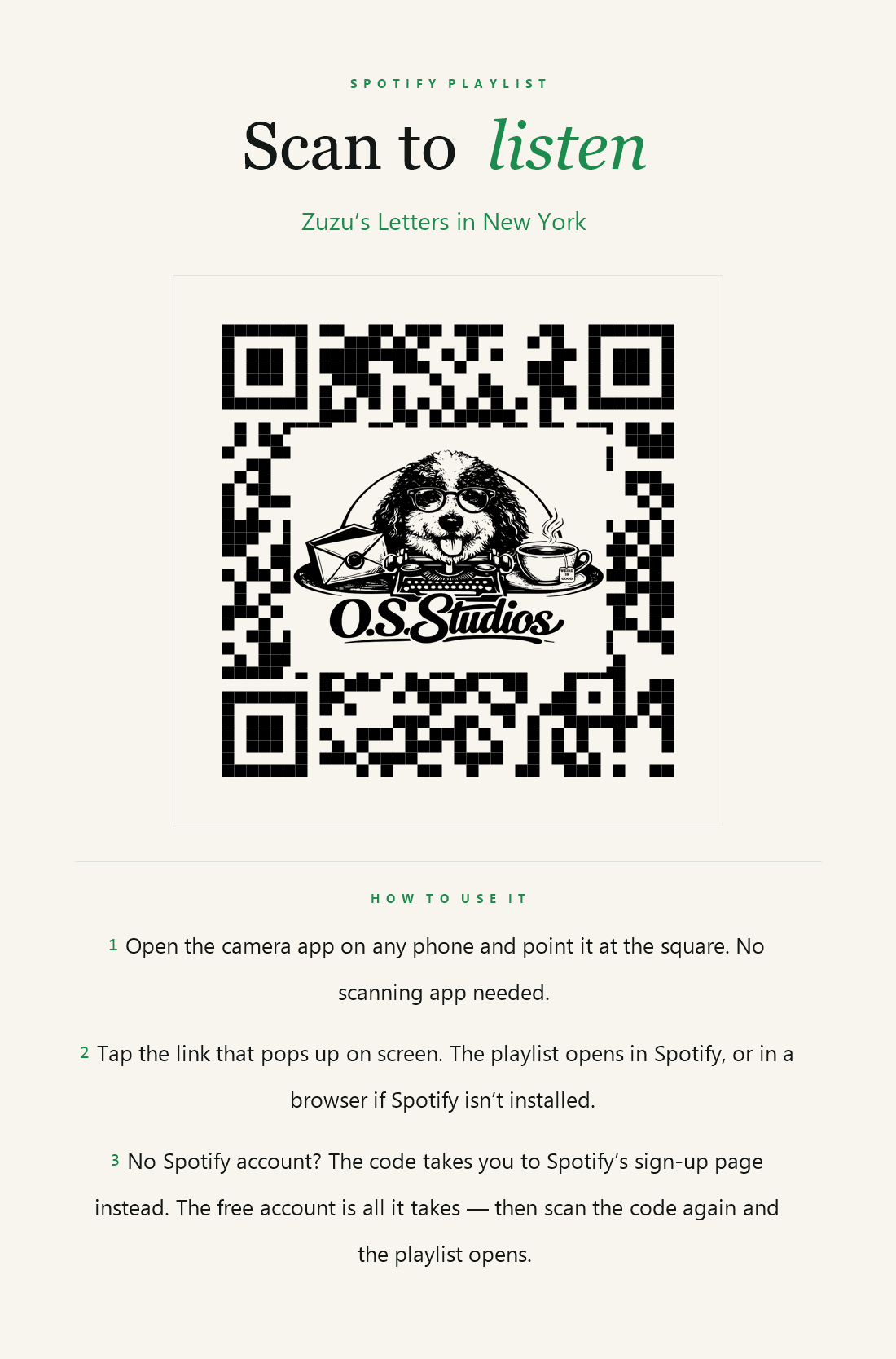 A small card reading &ldquo;Scan to listen &mdash; Zuzu&rsquo;s Letters in New York&rdquo;, with the O.S. Studios logo sitting over the code, and three directions for opening the playlist.