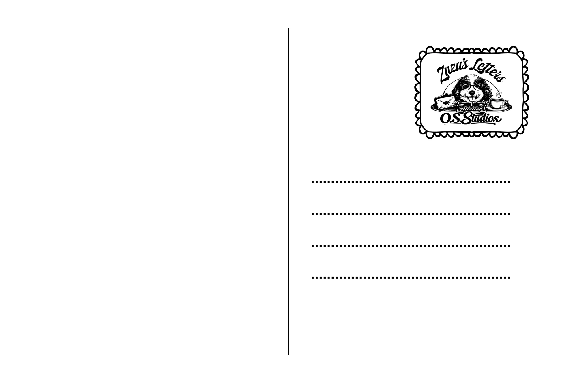 The back of the postcard: the scalloped Zuzu&rsquo;s Letters stamp in the corner, lines for the address, and room to write.