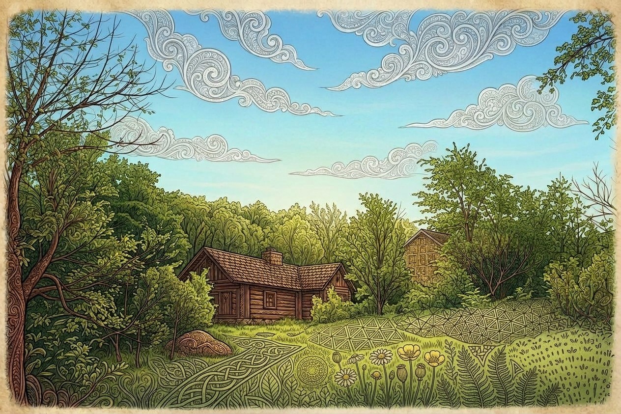 A gicl&eacute;e print of a log house tucked among green trees under a blue sky, with swirling patterned clouds, a meadow drawn in knots and triangles, and yellow wildflowers in the foreground.