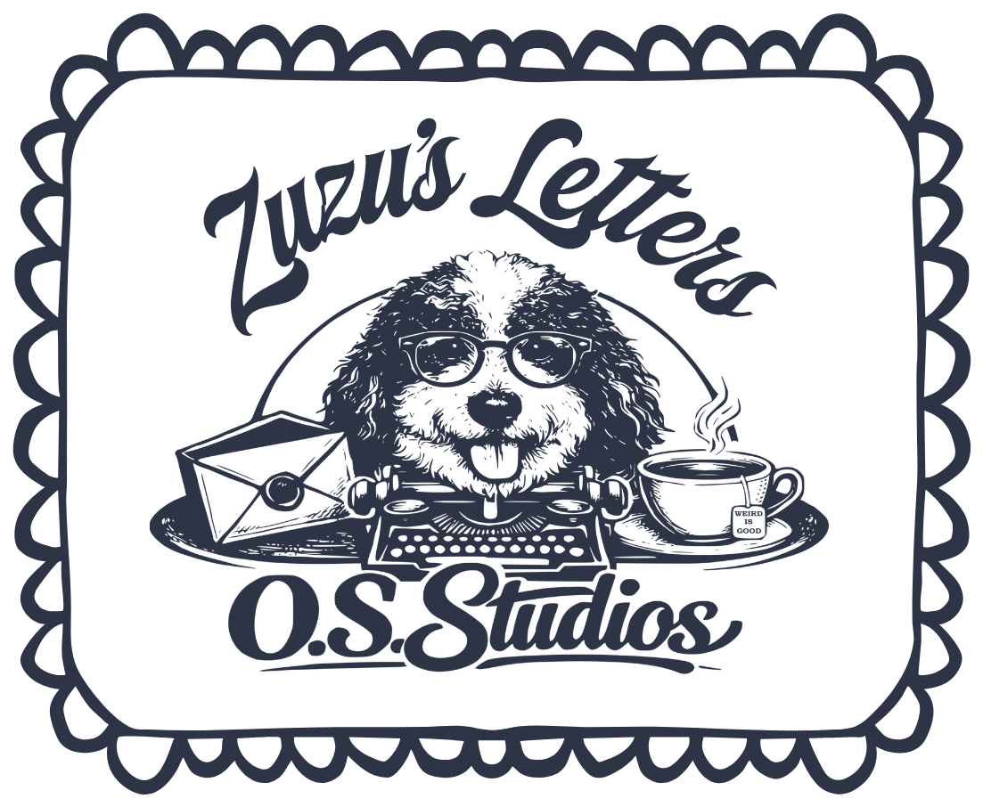 The Zuzu&rsquo;s Letters stamp: a scalloped border around a curly-haired dog in spectacles at a typewriter, with an envelope on one side and a steaming cup on the other, and the words O.S. Studios beneath.